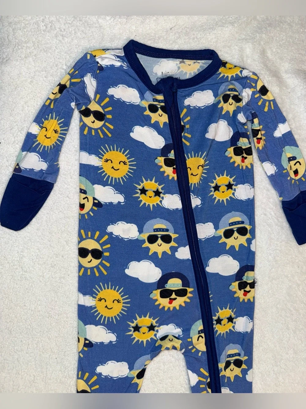 Birdie Bean sunshine and clouds blue Bambi viscose zippy, size 0-3 mos